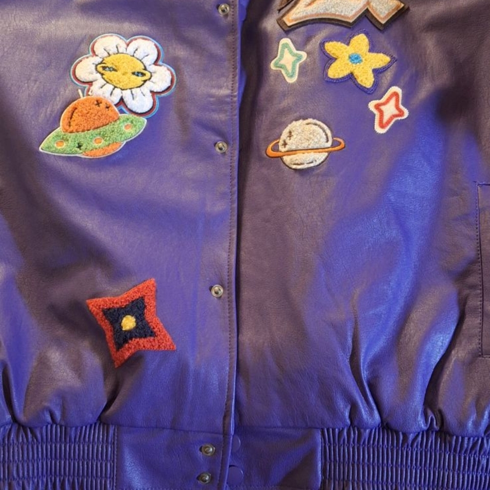 Men's  purple leather jacket with chenille abstract flowers moons stars